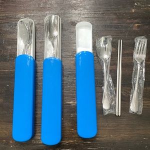 3 set of stainless steel utensils, including Spoon, Fork and Chapstick.